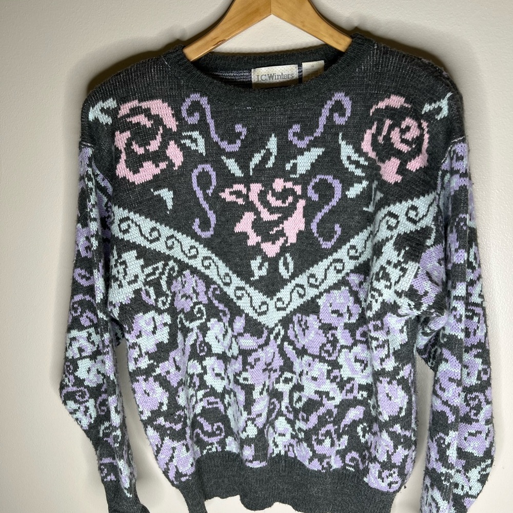 Vintage IC Winters Women’s Pastel Purple Gray Floral 80s Sweater Size M